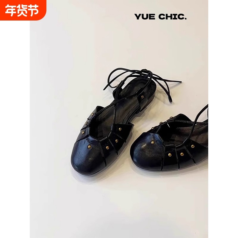 配裙子绑带缕空凉鞋女夏外穿2025新款时尚包头百搭平底方头罗马鞋