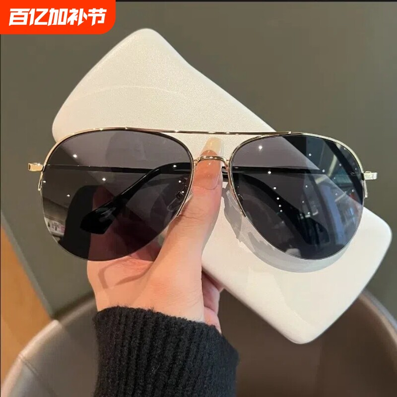 飞行员墨镜男女显瘦开车防紫外线蛤蟆镜半框太阳眼镜复古树脂圆脸