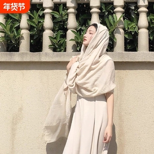 沙漠棉麻埃及敦煌头巾大西北披肩围巾纱巾旅游丝巾黑色冬季纯色