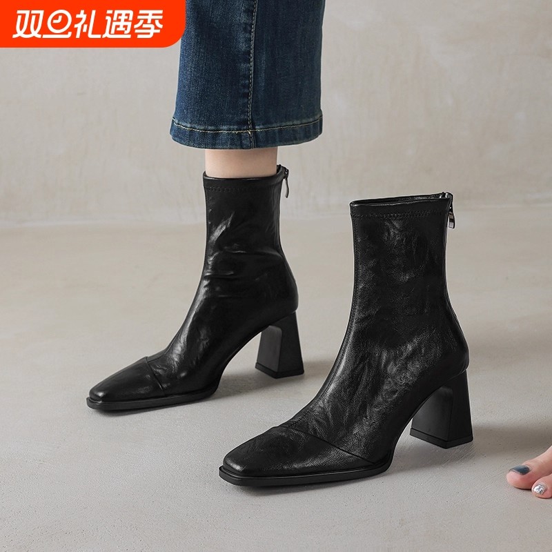 方头高跟短靴女2025冬季新款复古美拉德瘦瘦靴女粗跟后拉链马丁靴