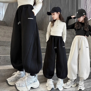 女童超好看裤子2025新款冬潮运动束脚卫裤一体加薄绒加绒红色外穿