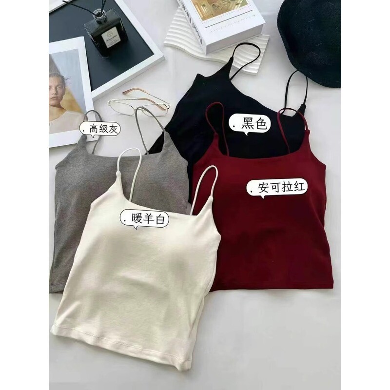 安可拉红色绝美修身小吊带背心女内搭美背文胸一体带胸垫磨毛上衣