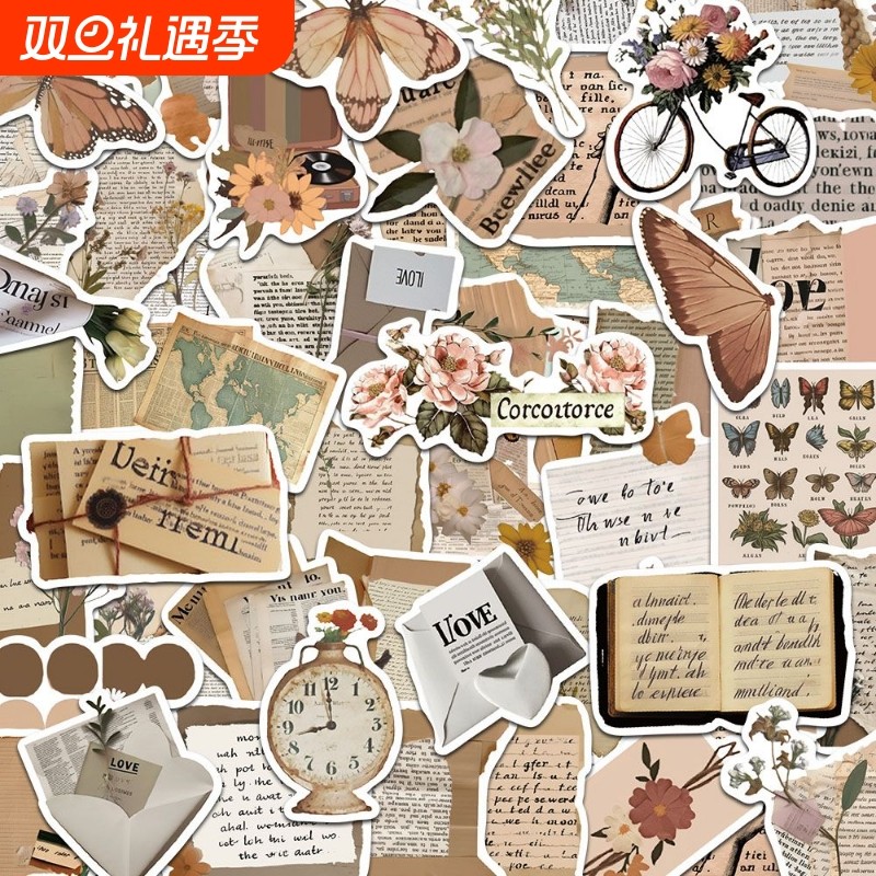 贴纸精美152张不重复英文字母报纸新款欧美风复古手帐PVC防水粘贴高级旅行平板