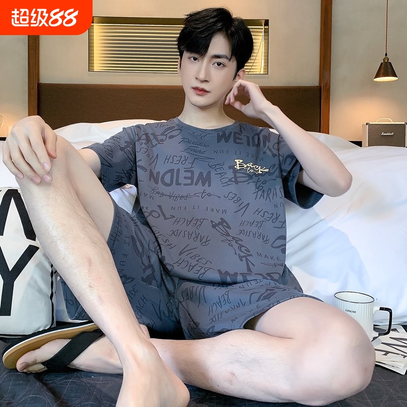 睡衣男款夏季纯棉薄款短袖短裤