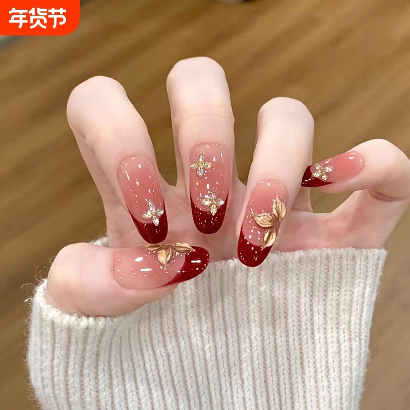 酒红复古法式金箔钻手工新年穿戴甲红色立体花朵美甲贴高级感显白,彩妆/香水/美妆工具,穿戴甲/甲片,淘宝优惠券,粉丝福利购,淘宝优惠卷