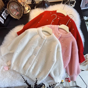 女宝宝毛毛珍珠上衣 新款 女童水貂绒毛衣开衫 外套2025秋冬童装