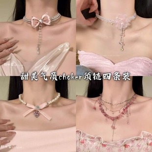 野心家原创序曲甜美气质蝴蝶结锆石项链设计感choker颈链花朵串珠