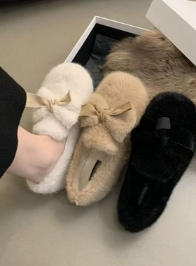 一脚蹬白色毛绒毛毛鞋子女2025新款秋冬季外穿加绒孕妇豆豆鞋黑色