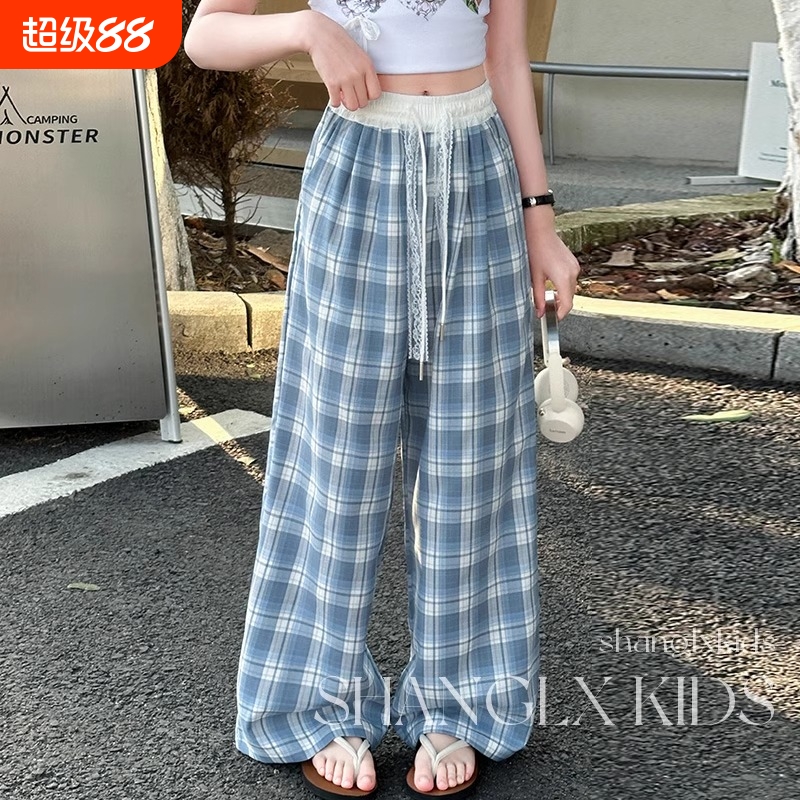 女童网红炸街裤子春夏2025新款今年流行爆款宽松格子裤儿童阔腿裤