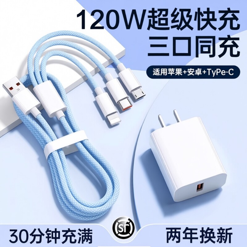 三合一数据线120W充电器适用苹果安卓充电头编织一拖三多功能多头