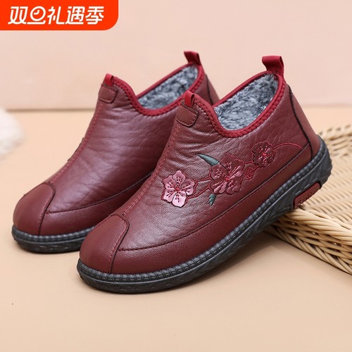 妈妈鞋冬季棉鞋加绒秋冬中年短靴保暖老人中老年女鞋皮鞋休闲舒适
