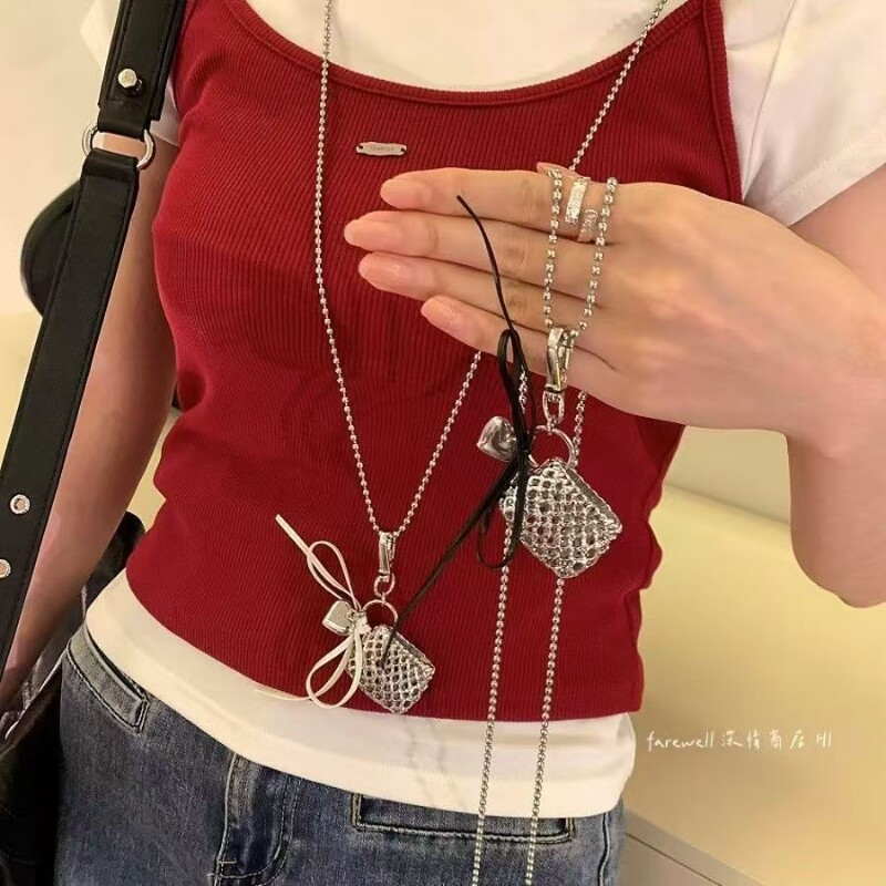 个性编织爱心丝带包包项链女韩国长款银色小众斜挎卫衣毛衣链配饰