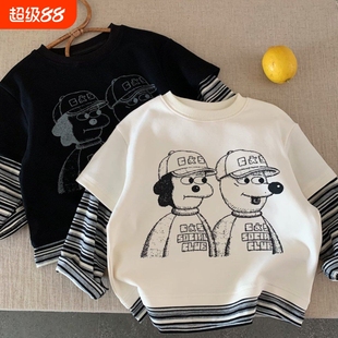 兒童衛(wèi)衣2025春秋款 男女童日系卡通假兩件上衣寶寶小童條紋大童裝