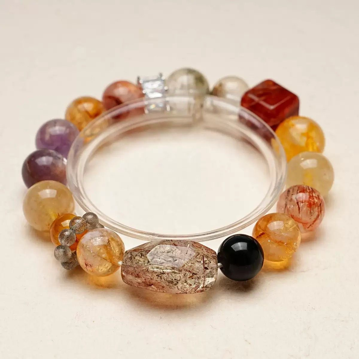 高货天然金发晶紫兔毛水晶手串女款绿幽灵黑金超七灰月光手链