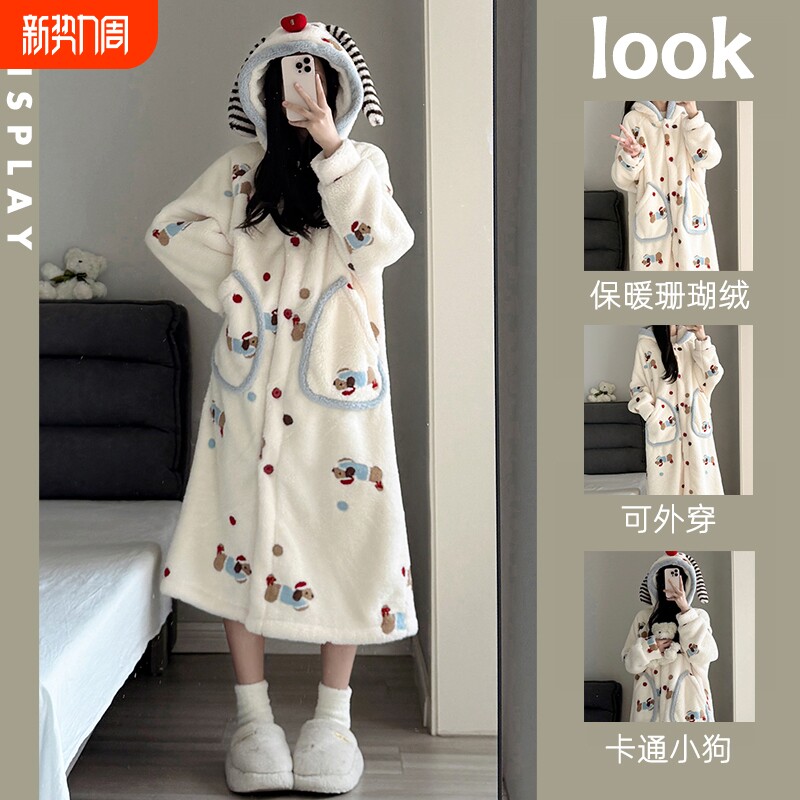 珊瑚绒睡衣秋女款2025新款冬季男士加厚腊肠狗睡袍情侣连体家居服