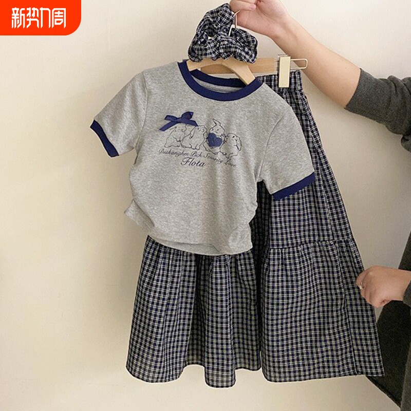 女童格子裙套装夏季2026新款儿童夏装女孩短袖T恤两件套兔子速干