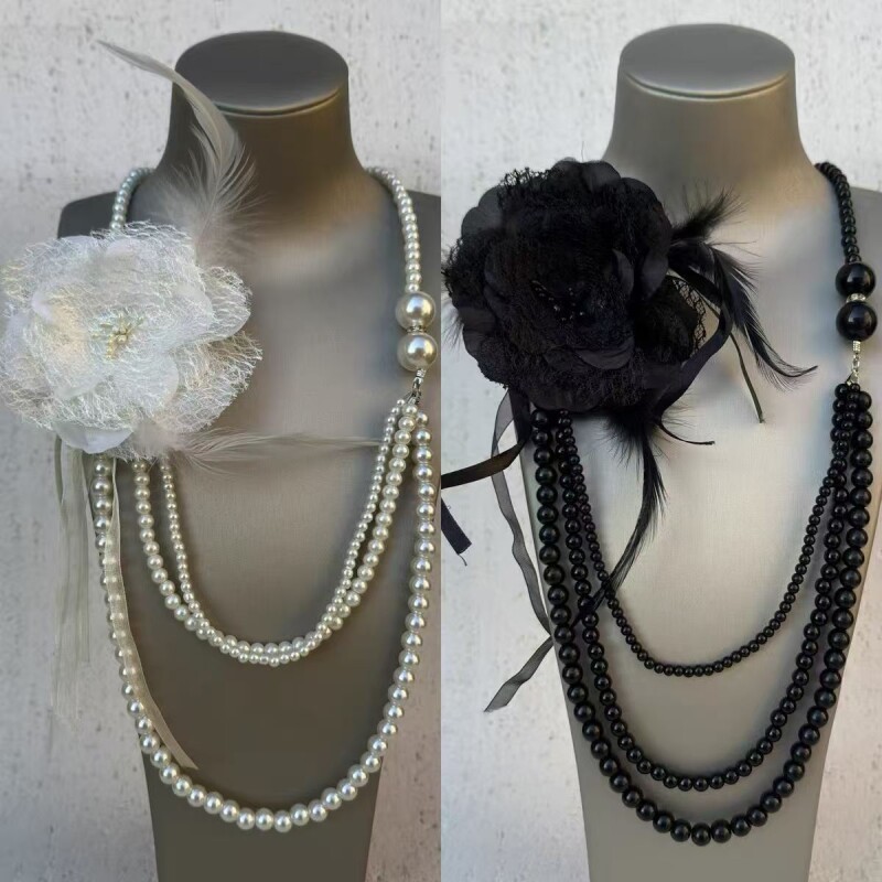 Y2K古早氛围感多层仿珍珠蕾丝花长款项链亚文化羽毛丝带层次颈链