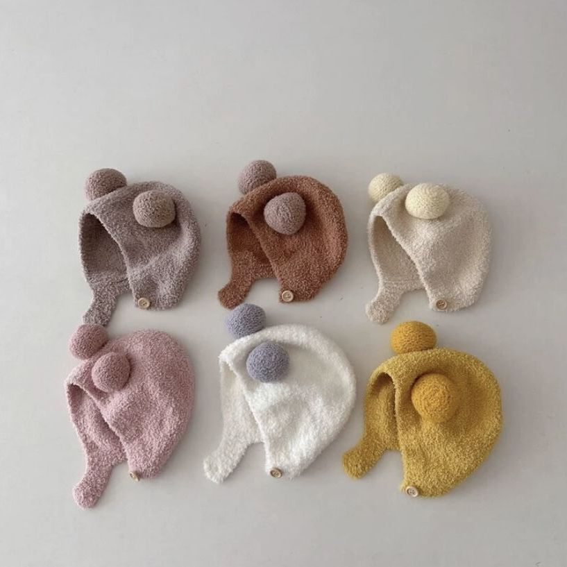 韩版ins秋冬新款宝宝护耳帽保暖防寒帽婴儿双球软糯包头帽潮球球