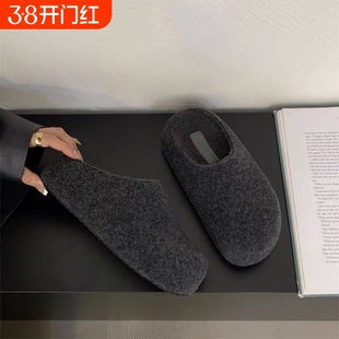灰色毛呢复古内增高5cm勃肯鞋女厚底小土豆加绒保暖包头毛毛拖鞋