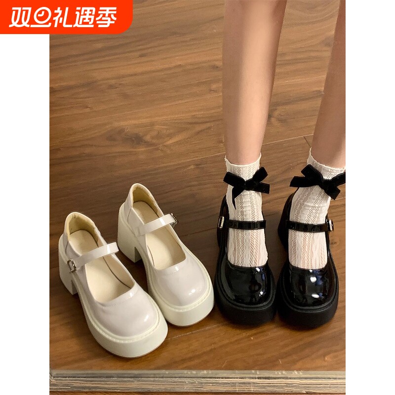 粗跟高跟小皮鞋女2025春夏季新款厚底增高法式玛丽珍单鞋中跟圆头