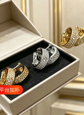 网红素圈满钻双色耳钉设计金银玫瑰金多色百搭通勤轻奢情侣耳钉