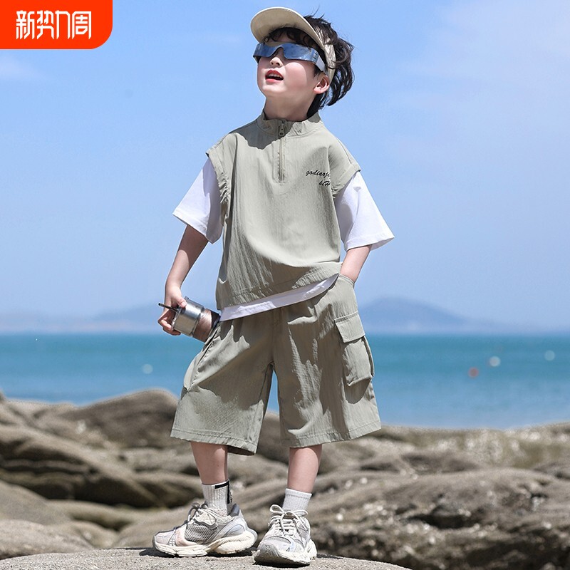 儿童装男童夏装套装潮酷帅韩范假两件短袖工装薄款叠穿男孩两件套