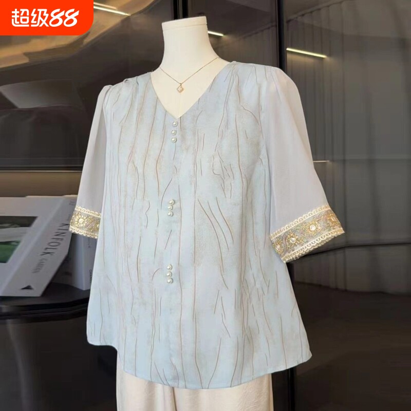 妈妈夏装雪纺短袖小衫2026新款中老年女装时尚夏季贵妇人上衣套装