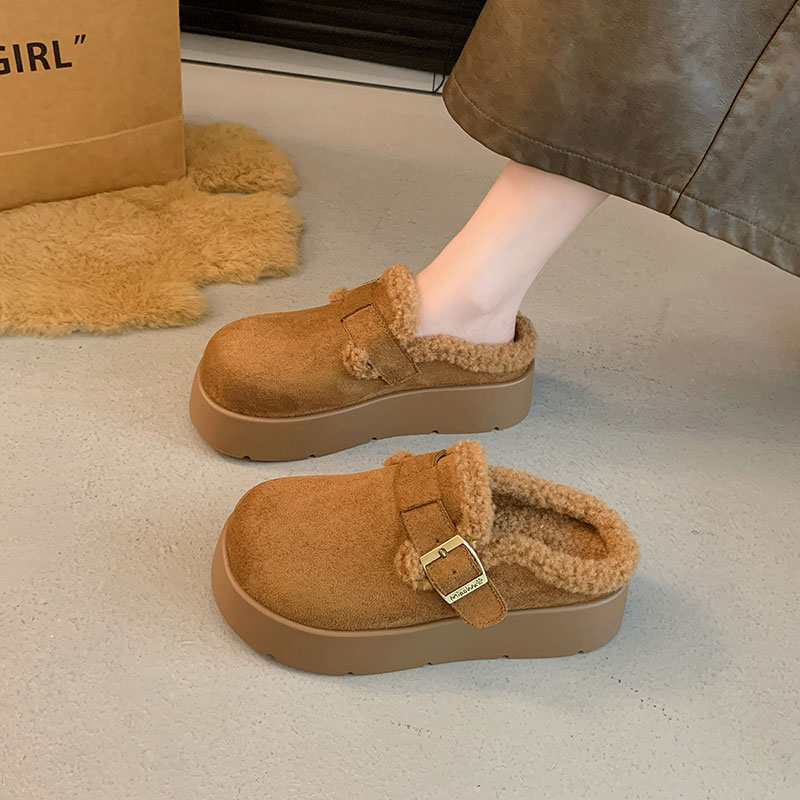 厚底勃肯包头半拖鞋女外穿2025新款秋冬加绒一脚蹬博肯毛毛棉拖鞋