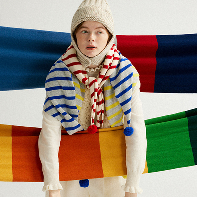 日系手工球球毛线针织条纹三角围巾新款保暖条纹围脖外搭披肩女