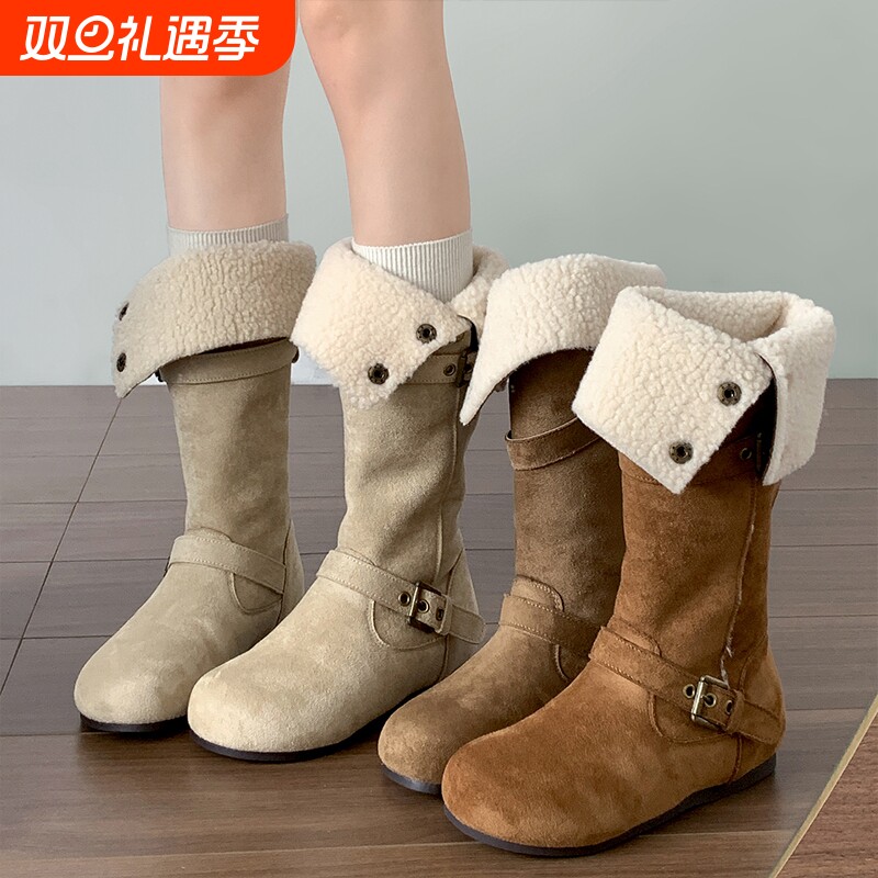长筒靴女2025冬季加绒保暖棉鞋勃肯雪地靴白色毛绒绒面羊毛卡其色