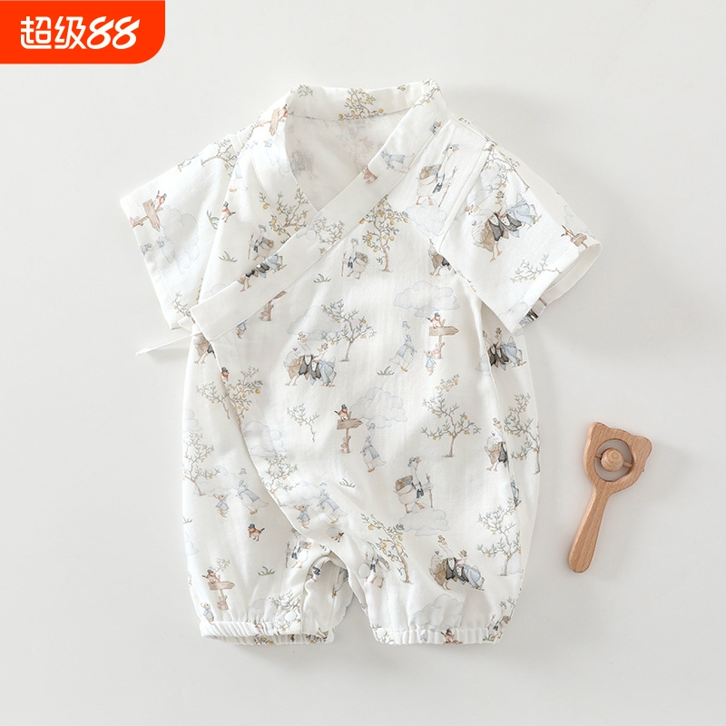 婴儿夏季薄款母婴连体衣短袖新生儿竹纤维爬服和尚服宝宝夏装纱布