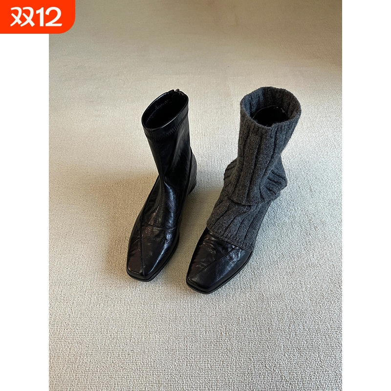 牛皮版~弹力瘦瘦靴女方头显瘦气质短靴粗跟小裸靴冬季黑色棕色