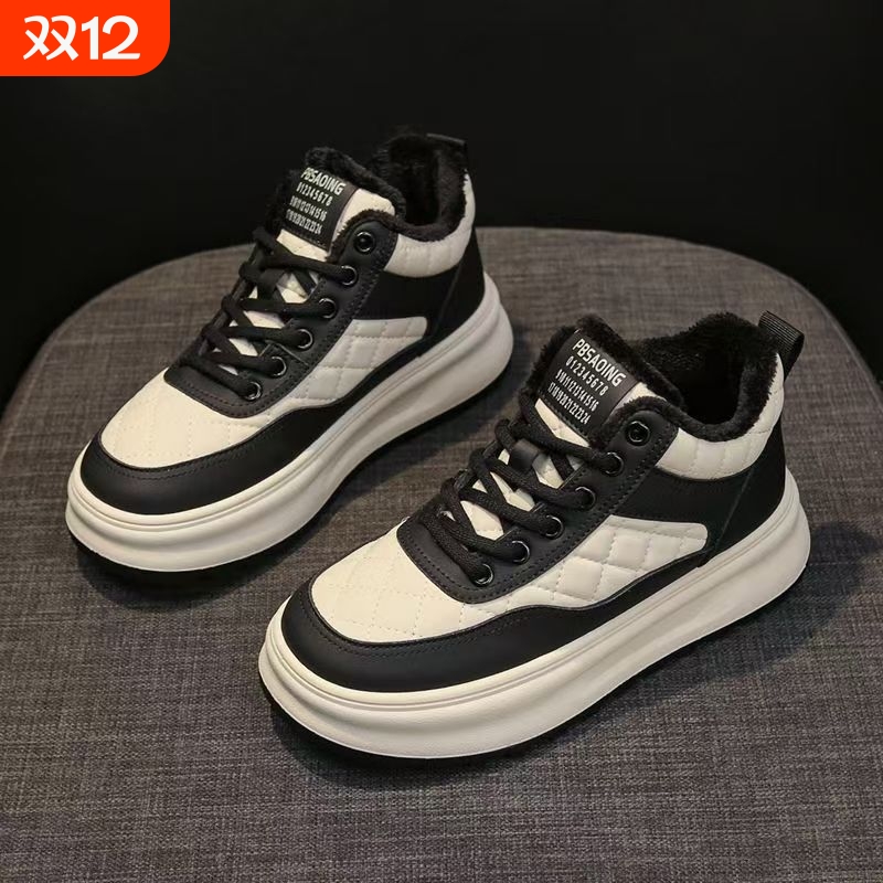 冬季加绒女鞋百搭厚底高帮保暖加厚软底棉鞋女运动板鞋女轻便防滑
