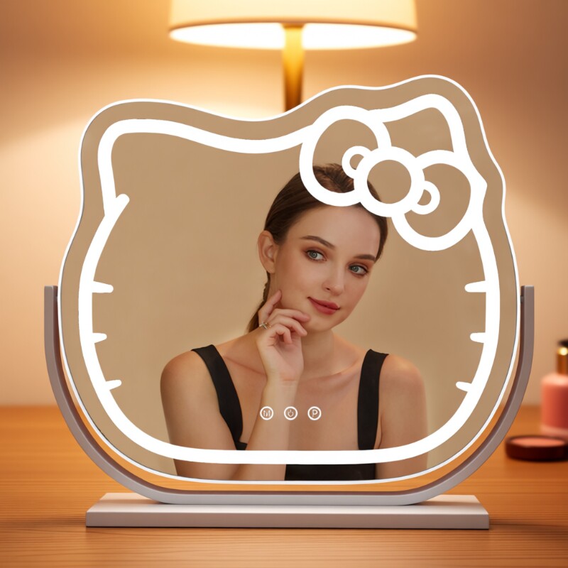 Hello Kitty小熊化妆镜卧室精美风美妆镜台式桌面led带灯梳妆镜子