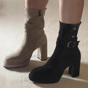 高跟靴子女秋冬2025新款磨砂牛皮粗跟显瘦厚底西部靴鞋子黑色中筒