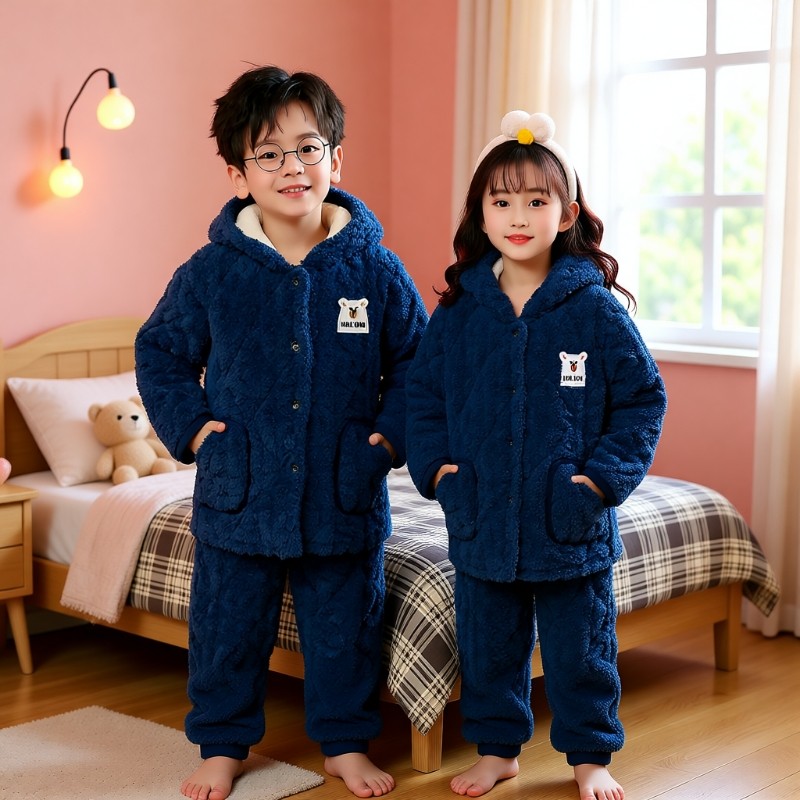 儿童睡衣男童加厚冬季加绒夹棉女童法兰绒家居服套装居家红色蓝色