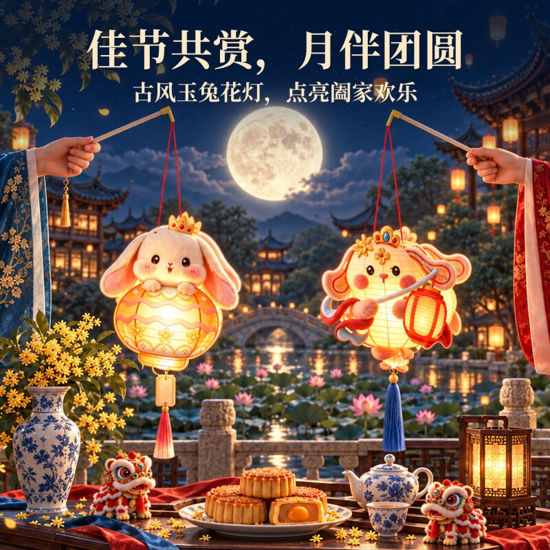 新款中秋节灯笼儿童手工diy材料包制作幼儿园手提发光兔子灯花灯图片