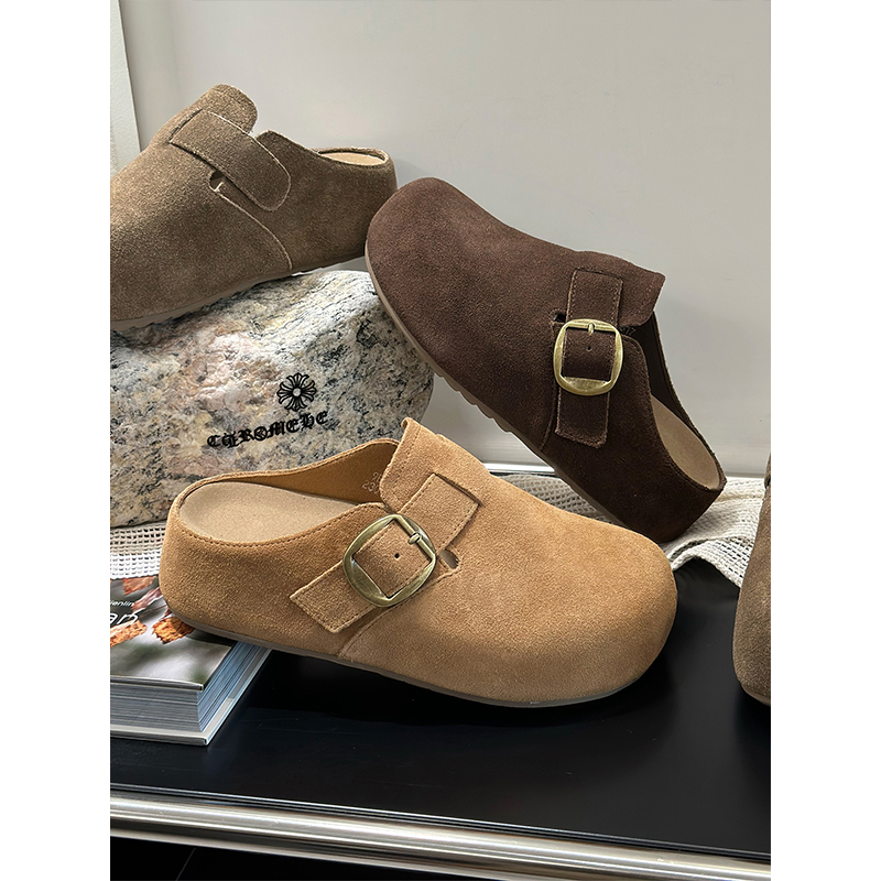 5CM增高包头磨砂牛皮勃肯拖鞋女2025新款百搭透气休闲包头半拖女