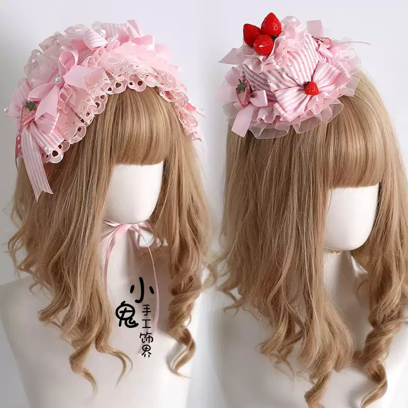 原创条纹草莓发带Lolita蛋糕小礼帽洛丽塔风格手作草莓甜心塔手袖