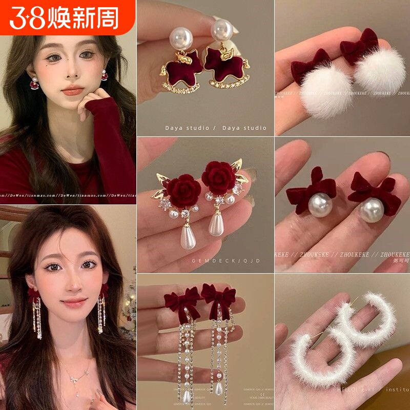 酒红色植绒蝴蝶结珍珠流苏耳夹适合秋冬复古气质港风珍珠耳坠耳饰