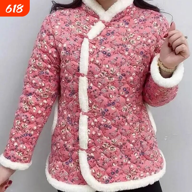 棉服冬中国加厚棉袄女装复古妈妈东北旗袍棉衣外套中老年大花新款