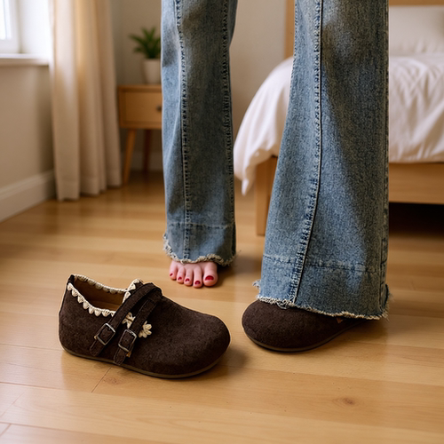 棕色平底单鞋女秋冬季一脚蹬勃肯鞋2025新款配裙子内增高玛丽珍鞋