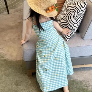 女宝宝夏季格子印花连衣裙女童夏装露背长裙子儿童装韩系吊带裙