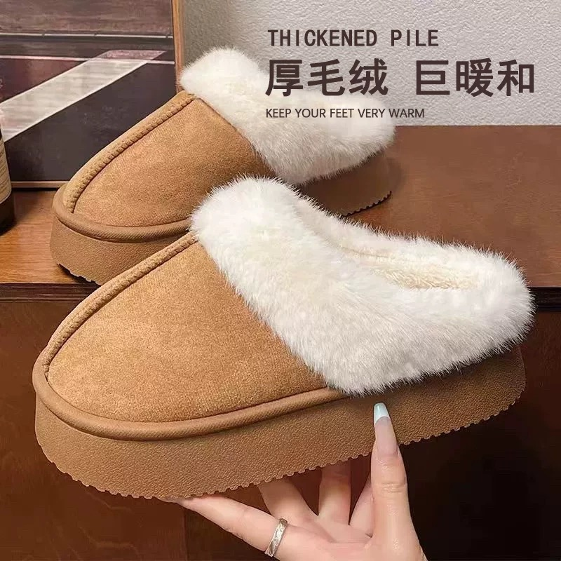 雪地靴女2025新款冬季加绒加厚厚底保暖包头棉拖鞋黑色毛绒鞋子