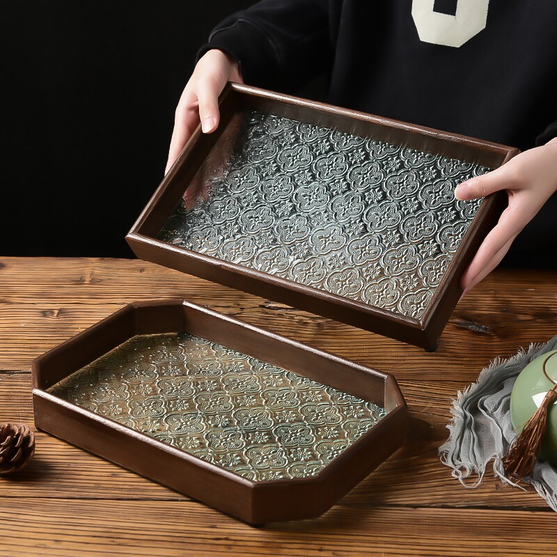 客厅玻璃托盘长方形茶盘茶具摆件收纳盘水果盘复古精致好物轻奢