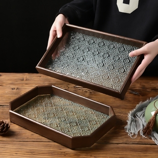 客厅玻璃托盘长方形茶盘茶具摆件收纳盘水果盘复古精致好物轻奢