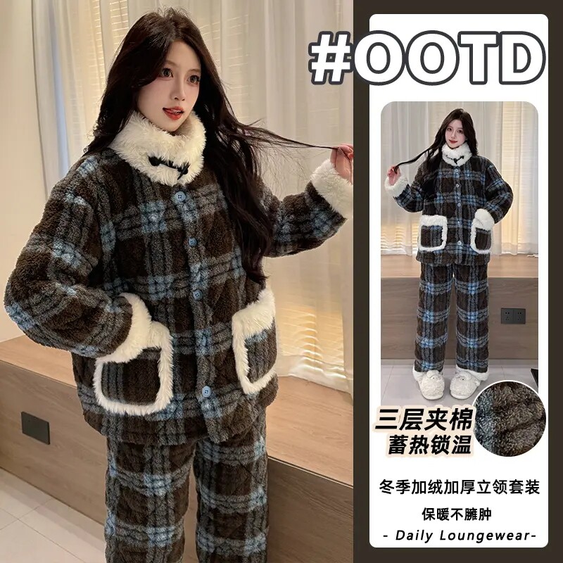 三层夹棉睡衣女款冬季加绒加厚格子女生保暖珊瑚绒立领家居服套装