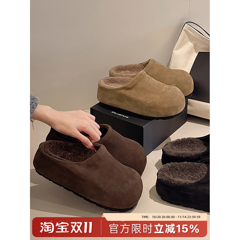 黑色复古防滑厚底加绒半拖勃肯鞋女2025新款秋冬增高包头棉拖鞋子