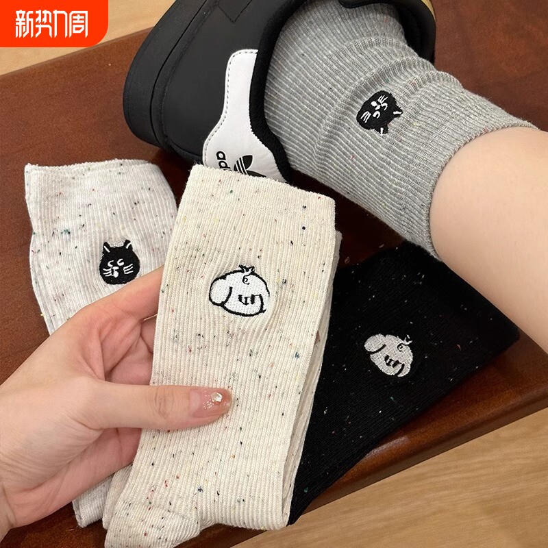 灰色袜子女款秋冬季中筒袜女士长筒袜纯色无骨卡通可爱堆堆袜长袜