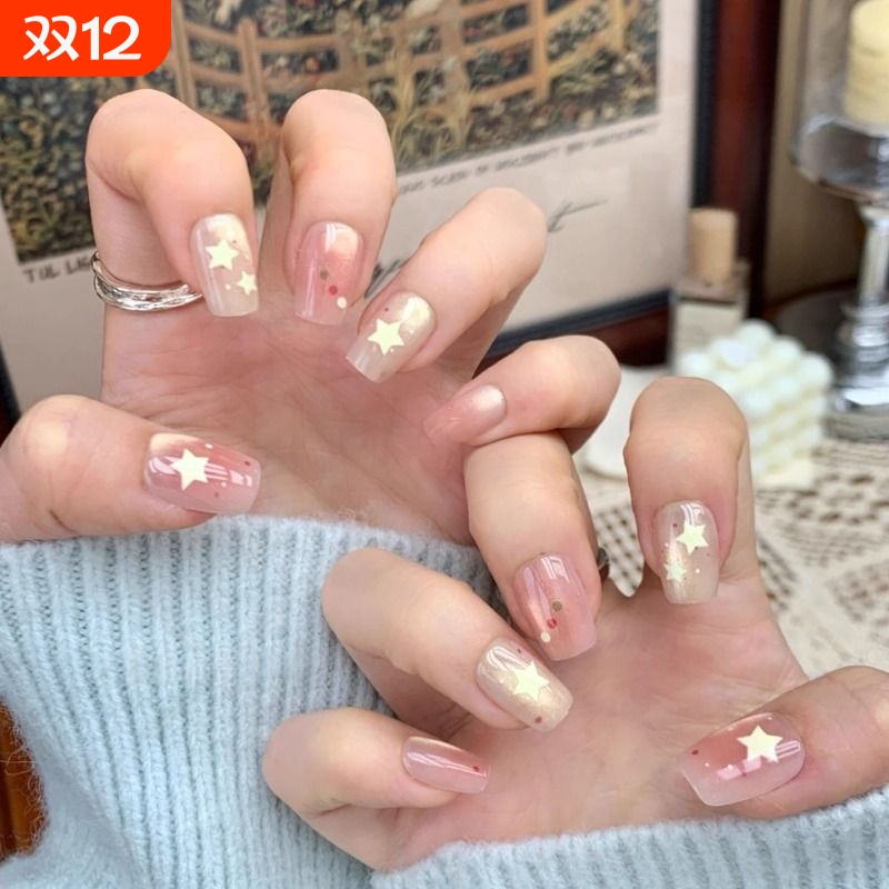 穿戴甲猫眼星星短方甲美甲贴法式黑皮蝴蝶郁金香新年美乐蒂轻松熊